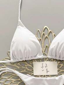 2 piezas Conjunto de traje de baño para mujer, Bikini verde menta con decoración de cuerda hecha a mano - Blanco - Ver 4