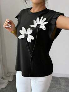 Camiseta de mujer con flores tridimensionales lindas y contrastantes para verano y otoño - Negro - Ver 6