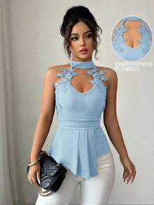 Blusa de mujer elegante de moda nueva para el verano con decoración de encaje bordado, cuello en V, bajo irregular sin mangas, silueta ajustada, adecuada para vacaciones, citas, actividades diarias, fiestas - Celeste - Ver 4