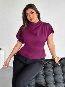 Blusa ajustada con cuello fruncido, manga asimétrica y cintura fruncida con estampado de lunares marrones.Adecuada para ir a trabajar, estilo vintage, elegante, para usar en las cuatro estaciones y para vacaciones en la Riviera Francesa - Rojo violeta - Ver 2