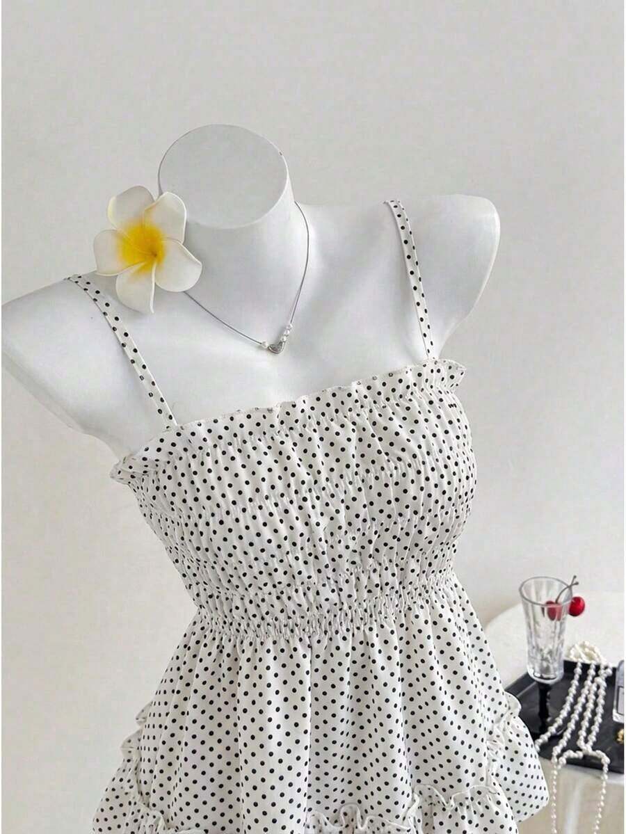 Camiseta sin mangas con volantes y estampado de lunares para vacaciones de mujer - Blanco - Ver 1