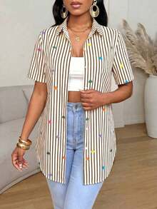 Camisa de mujer de manga corta, ajuste ceñido, con dobladillo curvo dividido, unicolor minimalista, para uso diario y casual en verano - Multicolor 6 - Ver 3