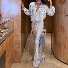 New Spring Collection Women's Dress, Retro Polka Dot Style, V-Neck, Puff Sleeves And Defined Waist - 藍色 - 查看 4
