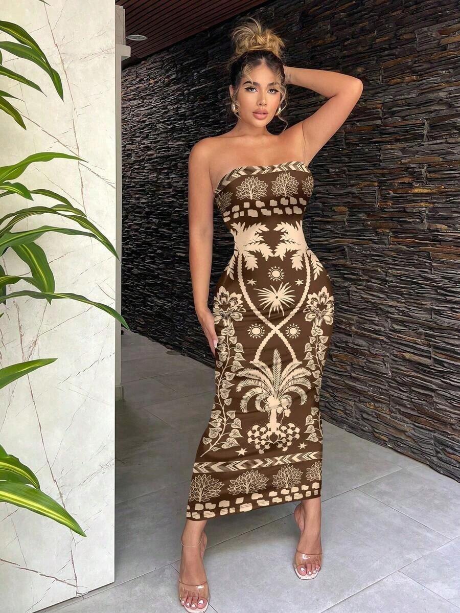 Vestido ajustado con estampado floral retro y estilo bohemio casual para mujeres, adecuado para vacaciones de verano - Multicolor 3 - Ver 1