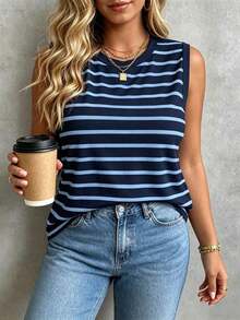 Chaleco sin mangas de mujer de talla grande, casual, de cuello redondo y con estampado de limón, de hombros anchos - Azul marino - Ver 6