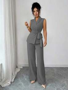 Conjunto elegante y romántico de blazer y corbata de moño para vacaciones y oficina para mujeres - Gris Oscuro - Ver 5