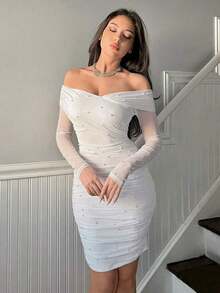de mujer blanco con hombros descubiertos y perlas falsas, elegante vestido de mujer con contraste de malla, fruncido, cremallera, manga larga descubierta del hombro, ajuste ceñido, manga recta corta blanca, vestidos cortos sencillos de muj - Blanco - Ver 3