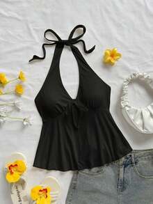 Bata escote en V con lazo y espalda descubierta informal de estilo casual para vacaciones, adecuada para el verano - Negro - Ver 10