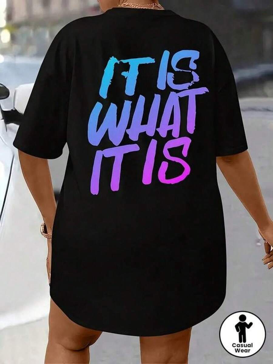 1pc Camisetas Para Mujer Camiseta única estilo y2k con diseño vibrante de letras coloridas "It Is What It Is", perfecta para un look casual y moderno. Esta prenda es ideal para quienes siguen las  y buscan destacar con originalidad. ¡No te quedes sin la tuya! Camiseta De Manga Corta De Algodón - Negro - Ver 1