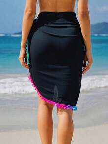 Falda mini tipo pareo con pompones y flecos, de estilo bohemio, para vacaciones en la playa - Negro - Ver 2