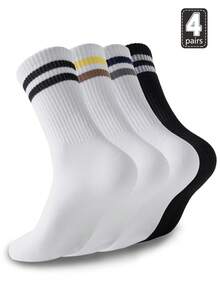 4 Pasang Kaos Kaki Olahraga Pria Model Crew, Kaos Kaki Katun Bernapas dengan Pola Garis, Kaos Kaki Kasual Tinggi Unisex Cocok untuk Musim Semi/Panas, Tahan Bau - MultiWarna - View 14