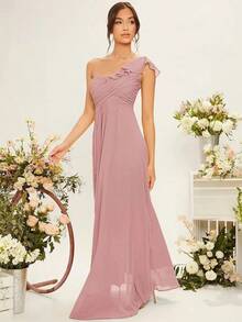 Vestido de dama de honor con un hombro y recorte de volantes, vestido elegante - Rosa vieja - Ver 5