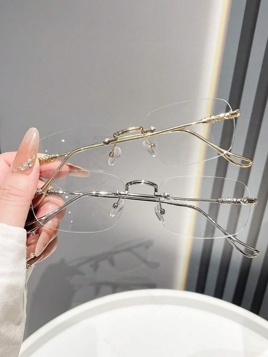 1 Pair Frameless Metal Minimalist Fashion Non-Prescription Glasses, Suitable For Reading, Office, Party, Fashion Item, Photography Accessory - Multicolor - View 1