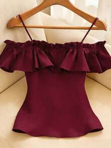 Blusa de hombros descubiertos con botones frontales y volantes de unicolor simple, para verano - Burdeos - Ver 2