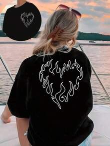 1pc Camisetas Para Mujer Camiseta Y2K con diseño de llamas en forma de corazón ideal para un estilo urbano y moderno perfecta para los amantes de la moda contemporánea y las  de los años 2000 disponible en talla única para un look cómodo y atrevido que destaca en cualquier ocasión Camiseta De Manga Corta De Algodón - Negro - Ver 6