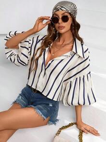 Aveloria Frievida Women's Short Sleeve Button-Down Striped Bishop Sleeve Shirt - Hitam - View 7