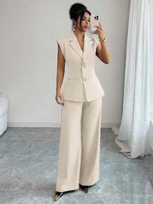 Conjunto de blazer de unicolor con decoración de hebilla metálica y bolsillo falso + pantalones rectos de cintura alta y sueltos, estilo vintage francés elegante para oficina, viajes, negocios, casual, citas, primavera/verano - Albaricoque - Ver 3