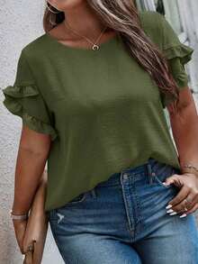 Blusa casual con cuello redondo, mangas con volantes y estampado floral para mujer de talla grande - Verde militar - Ver 5