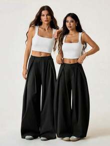 Pantalones anchos de verano con dobladillo curvo verde, estilo vintage, casual y para salir - Negro 3 - Ver 5