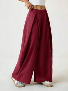 Pantalones anchos de verano con dobladillo curvo verde, estilo vintage, casual y para salir - Burdeos - Ver 4