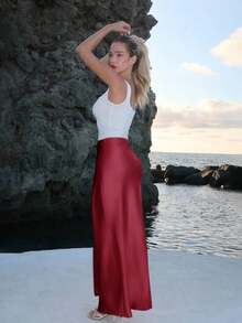 Falda larga básica de unicolor para mujeres, conjunto de ropa de mujer - Rojo - Ver 2