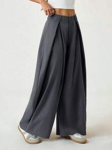 Pantalones anchos de verano con dobladillo curvo verde, estilo vintage, casual y para salir - Gris Oscuro - Ver 4