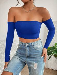 Top corto de hombros descubiertos de color sólido para mujer - azul real - Ver 5