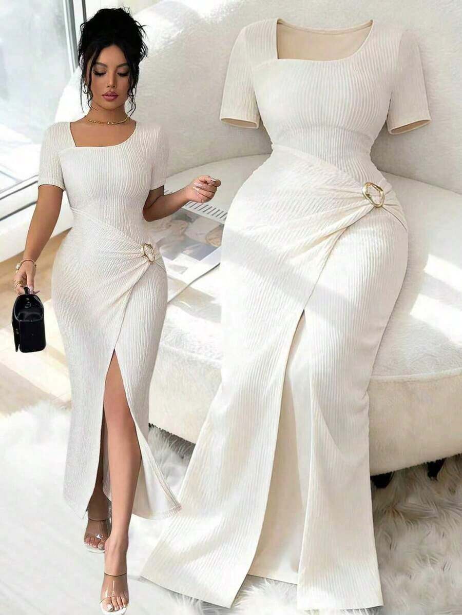 YHHElenzga Vestido largo de manga larga con cuello cuadrado irregular, botones metálicos decorativos y bajo asimétrico para estilizar la cintura, en tela texturizada color albaricoque. Elegante y sofisticado para el Día de San Valentín, Pascua, Día del Trabajo, cumpleaños, citas, fiestas, ocasiones formales, atuendo de maestra, viajes, primavera/veranoYHH - Albaricoque - Ver 1