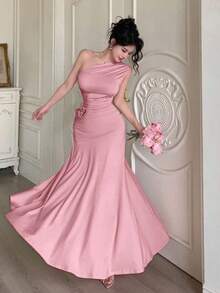 YHHModelyn 1 pieza Vestido de mujer sin mangas con pliegues y ajuste ceñido, de unicolorYHH - Rosa - Ver 2