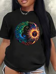 Lightweight And Durable T-Shirt With A Vibrant Yin-Yang Sun-Moon Pattern Design, Perfect For Relaxing At Home, In Cafes, Or For Outdoor Activities. - Black - View 7