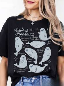 Camiseta Seal Doodle, Camiseta Divertida con Frases Graciosas, Camiseta para Amantes de los Focas, Camiseta de Animales Marinos, Camiseta con Diseño Divertido, Camiseta con Gráficos Positivos, Estilo Urbano Vintage, Unisex, de Algodón, Manga Corta, Cuello Redondo, Camisetas para mujer. blusas.blusas casuales para dama. - Negro - Ver 7