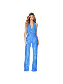 Monocromático dorado con lentejuelas, escote halter en V profundo, diseño de piernas anchas sin mangas, tejido brillante elástico ideal para fiestas nocturnas, eventos festivos y invierno, estilo sexy glamoroso perfecto para cenas elegantes y celebraciones - azul cielo - Ver 2