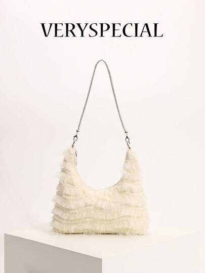 1pc Summer Refreshing Beige Mesh Tassel Hem Linen Blend Fabric Hobo Bag, Elegant French Fashion Luxury Rhinestone Strap Shoulder Bag Suitable For Romantic Wedding, Bridesmaid, Party, And Vacation (Lace Placement Randomly Distributed)