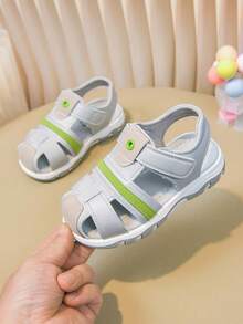 Boys' Hook And Loop Sandals, Summer New Soft Bottom Non-Slip Beach Shoes, Easy On/Off, Silver Gray Solid Color, Floral Woven Strap Decor, More Fashionable - Light Grey - View 5