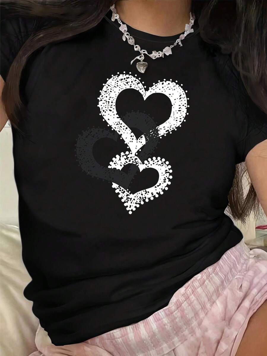 1pc Women'S Casual Round Neck T-Shirt With Heart Print, Polyester Knit Short Sleeve Tee, Summer Regular Fit Top With No Pads Or Belts Tee For Adult, Men, Women, Teen, Teenager, Adolescent, Youth - Black - View 1