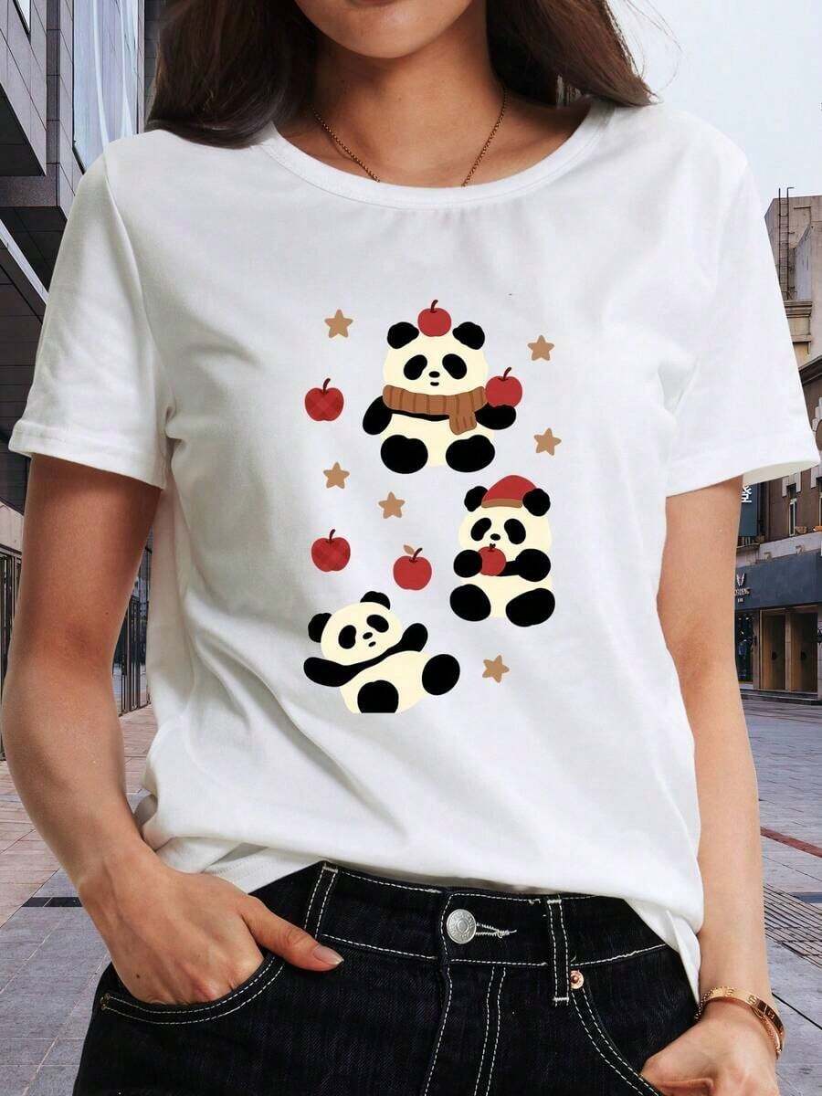 Women's T-Shirt With "Apple Panda" Print | Casual Short Sleeve T-Shirt, Soft And Breathable, Moderate Elasticity, Machine Washable, Round Neck, 100% Cotton, Women's T-Shirt - 白色 - 查看 1