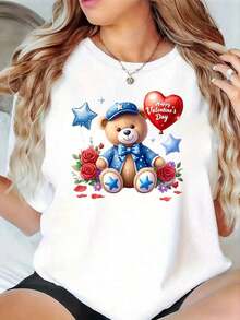 Black T-Shirt With A Fun Teddy Bear, Heart, Star, And Rose Print, Ideal For Valentine's Day, Suitable For Holiday Gifts - Urban Vintage Style, Unisex, Cotton, Short Sleeve, Round Neck, Women's Blouses. Casual Blouses For Ladies.  Print. Printed T-Shirt.  Print. - 白色 - 查看 4