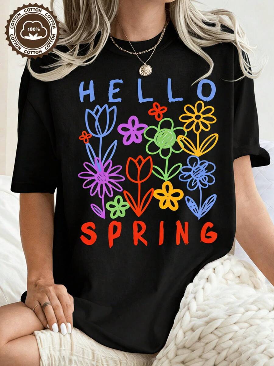 Camiseta Cozy Comfy Lounge para Mujer con Estampado Floral Colorido de Primavera, Camiseta de Verano de Algodón Puro con Cuello Redondo para Mujer, Top Casual de Manga Corta, Estilo Único para Uso Diario, Corte Holgado, Transpirable y Suave, Atuendo para Vacaciones, Ropa Suave y Relajada para el Hogar. - Negro - Ver 1