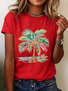 Camiseta Casual Colorida con Diseño de Palmera para Mujer - Camiseta Blanca Casual con Diseño Tropical, Hojas Vibrantes en Verde, Rosa y Azul, Perfecta para el Verano y la Playa - Disponible en Tallas S, Tejido de Algodón Cómodo para Uso Diario, Regalo Ideal para Amigos y Familiares. Camiseta de Manga Corta Holgada con Efecto Lavado, Estilo Urbano, Unisex para Primavera/Verano/Otoño, Atuendo para el Día de San Valentín, Ropa de Verano en Bonitas Camisetas para Mujer -- Camiseta Casual Versátil de Cuello Redondo Básica. - Rojo - Ver 6