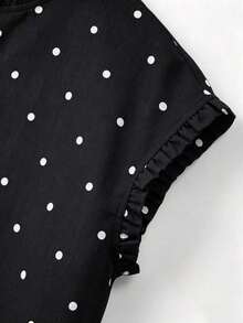Blusa de mujer con cuello redondo, sin mangas, abotonada, con volantes y estampado de lunares vintage francés, versátil para ir al trabajo, tomar el té por la tarde o uso diario - Negro - Ver 4