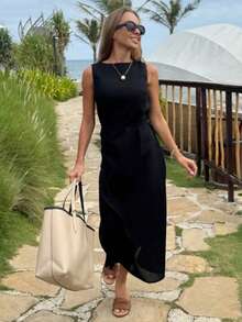 Vestido sin mangas liso estilo vacacional francés, cintura ajustada con lazada verano 2026 - Negro - Ver 4
