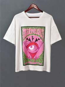 Women's Eye Letter Graphic Drop Shoulder Tee, Comfort Breathable Crew Neck T-Shirt - White - View 1