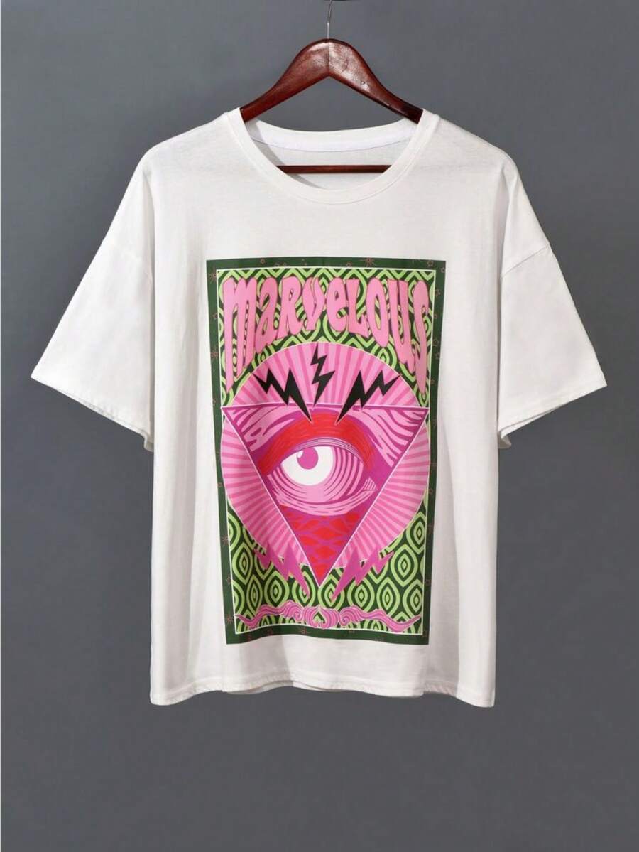 Women's Eye Letter Graphic Drop Shoulder Tee, Comfort Breathable Crew Neck T-Shirt - White - View 1
