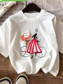 Women's Romantic Bicycle Riding T-Shirt With Pink Roses - Casual Crew Neck T-Shirt, Super Soft, Breathable For Summer, Short Sleeve T-Shirt For Summer And Spring, 100% Printed Women's Clothing, Short Sleeve - 白色 - 查看 1