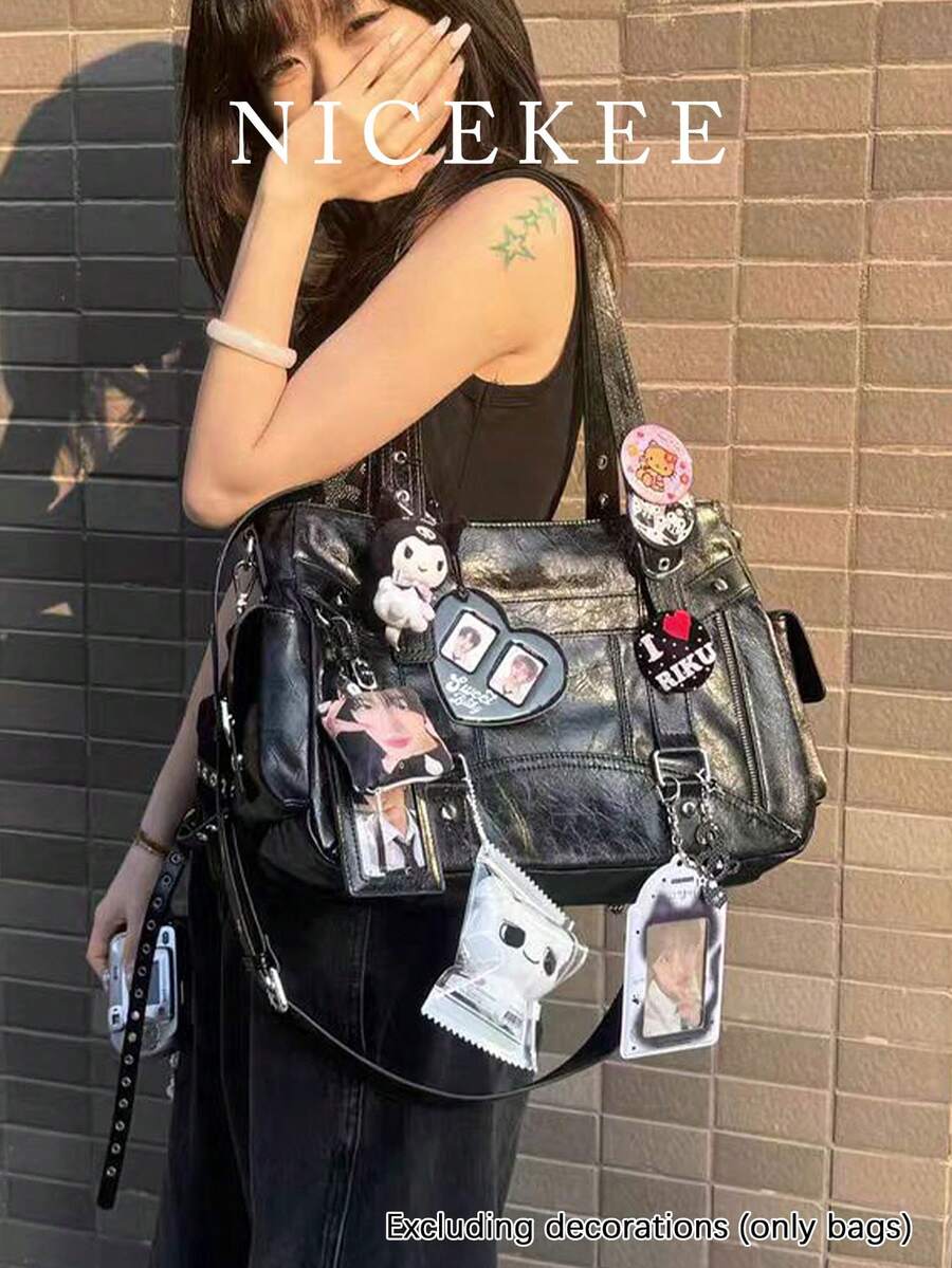 時尚大容量多口袋純色單肩包,獨特設計休閒百搭質感手提包,極簡復古龐克風日常斜挎包,適合上班通勤、日常出遊、聚會 - 黑色 - 查看 1