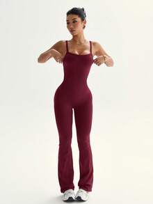 Burgundy Seamless Flare Leg Jumpsuit For Women, Tank Top Style With Adjustable Shoulder Straps, High Waist, Butt-Lifting, Tight-Fitting Jumpsuit - Burgundy - View 4