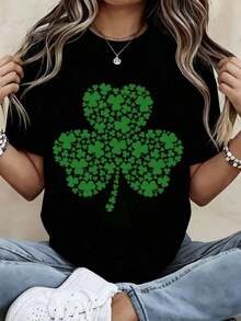 Women's St. Patrick's Day Shamrock Print T-Shirt, White, Casual, Lucky Shamrock Design, Loose And Comfortable Fit For St. Patrick's Day Celebration - 黑色 - 查看 7