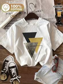 Women's Basic Summer T-Shirt, 100% Mexican Cotton, Short Sleeve; Geometric Print Design; Sweat-Wicking And Breathable Short Sleeve T-Shirt; Casual, Round Neck Short Sleeve T-Shirt For Women, Suitable For All Seasons; Comfortable And Soft, Ideal For Layering Or As A Lounge Top, New Release - 白色 - 查看 1