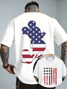 Officially Licensed Disney Mickey Mouse American Flag Graphic T‑Shirts For Men 100% Cotton Short Sleeve Crew Neck USA Patriotic Star Stripes Print Oversized Streetwear Tee Retro 4th Of July Independence Day Summer Casual Holiday Outfit - White - View 1