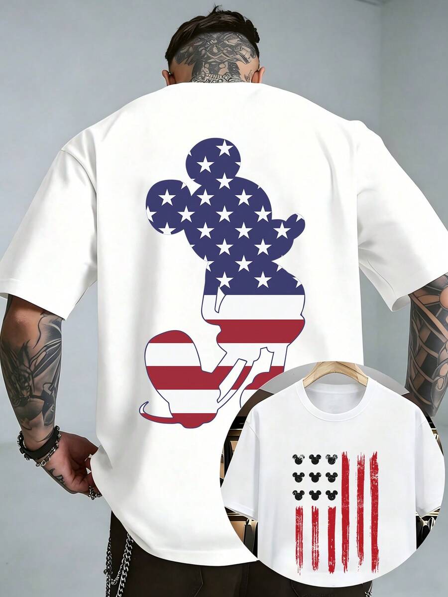 Officially Licensed Disney Mickey Mouse American Flag Graphic T‑Shirts For Men 100% Cotton Short Sleeve Crew Neck USA Patriotic Star Stripes Print Oversized Streetwear Tee Retro 4th Of July Independence Day Summer Casual Holiday Outfit - White - View 1